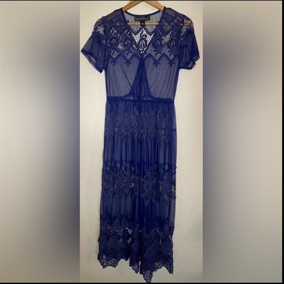 Colleen Lopez Blue Mesh and Lace scalloped Maxi Dress Women’s Size Medium - Picture 5 of 5